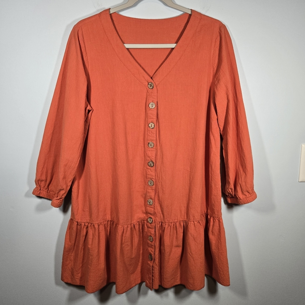 Boho Burnt Orange Button Down Tiered‎ Hem Blouse Medium/Large (see measurements)